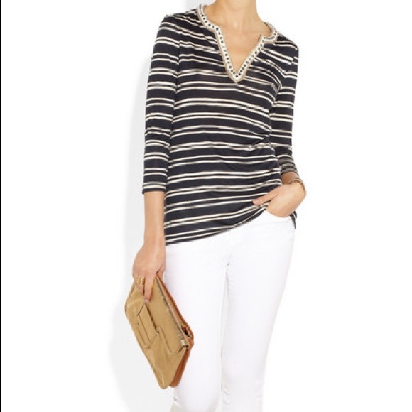 Tory Burch Evan Embellished Striped Silk-Jersey - Picture 8 of 8